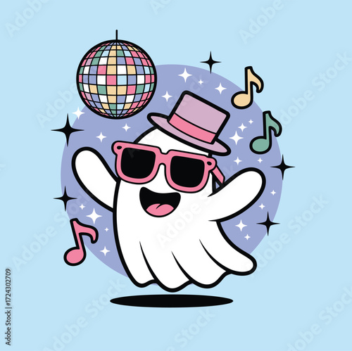 Cartoon ghost with sunglasses and hat dancing under a disco ball with musical notes around it