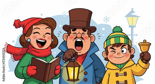 Christmas vector 2025 cartoon christmas carolers singing with lantern and bell in winter snow scene vector illustration art