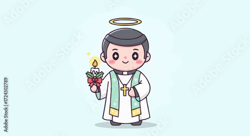 Christmas vector 2025 cute cartoon christmas priest holding candle with halo vector illustration religious holiday design 100 chr