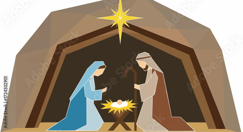 Christmas vector 2025 nativity scene christmas story of jesus christ birth with mary joseph and star of bethlehem illustration
