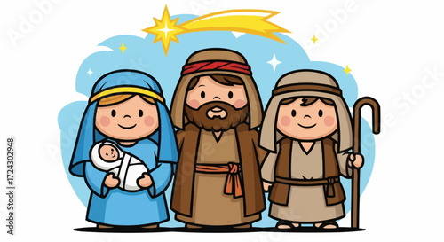 Christmas vector 2025 cartoon nativity scene christmas story vector illustration of mary joseph and baby jesus and shepherd art