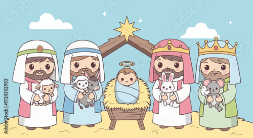 Christmas vector 2025 cute cartoon nativity scene with baby jesus, three wise men, animals, star and clouds for christmas holiday season
