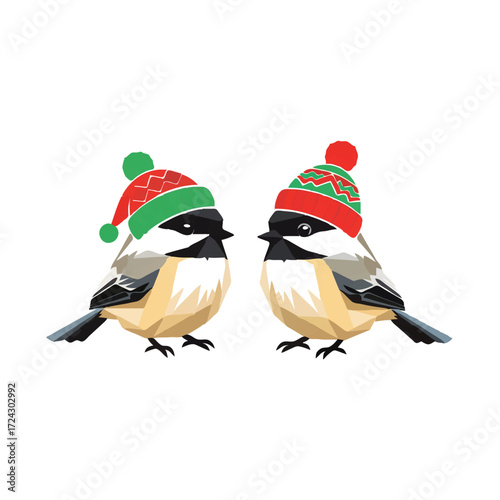 Two Chickadees Wearing Knitted Christmas Hats

