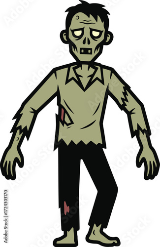 A pixel art illustration of a zombie, featuring a decaying humanoid figure with tattered clothing,