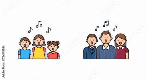 Christmas vector 2025 cartoon family choir singing together with musical notes vector illustration for music education concept