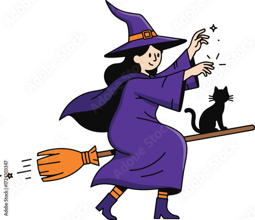 Illustration of a witch in a purple robe riding a broomstick, accompanied by a black cat. The witch appears to be casting a spell or sprinkling magic.