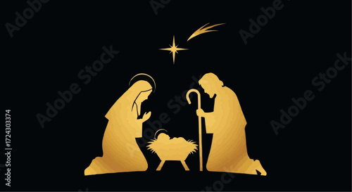 Christmas vector 2025 christmas nativity scene vector graphic design template with star of bethlehem and holy family golden art