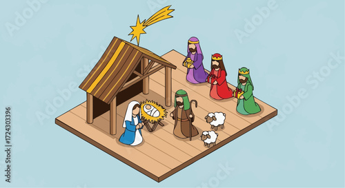 Christmas vector 2025 illustration of nativity scene with baby jesus mary joseph three wise men star and sheep for christmas card