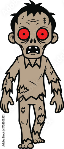 This illustration depicts a pixel art zombie child, characterized by its green skin, decaying clothing, and exaggerated features. Ideal for game assets, graphic design projects, or Halloween themed ma