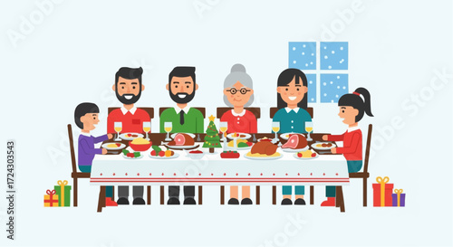 Christmas vector 2025 family christmas dinner vector illustration holiday celebration festive meal together gathering happy people eating
