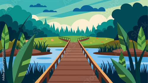 A serene walkway over a thriving wetland showcasing the beauty and resilience of this important ecosystem.