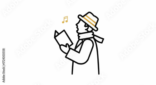 Christmas vector 2025 illustration of a man singing christmas carols wearing a hat and scarf with music notes above him