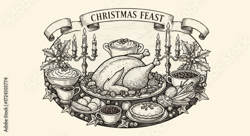 Christmas vector 2025 christmas dinner feast illustration with turkey holiday food and traditional dishes engraving style design