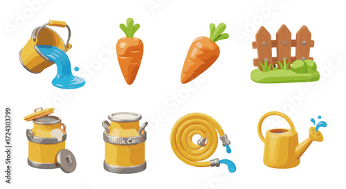 Charming 3D Farm Icon Set for Agricultural Projects Featuring Carrots Watering Can and Fence Elements Isolated on Transparent Background