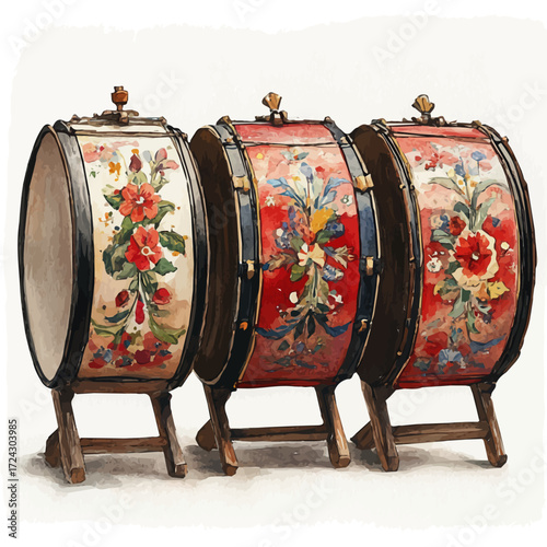 watercolor of English Carnival Steel Drums, vector, isolated on a white background.