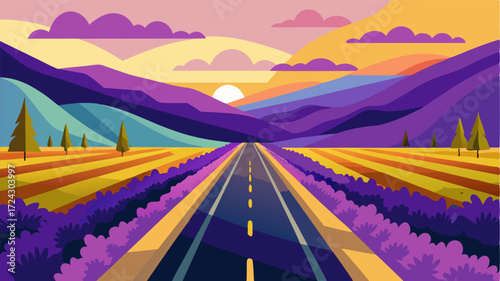 A scenic highway that overlooks a vast valley the endless rows of lavender and sunflower fields creating a stunning patchwork of colors.