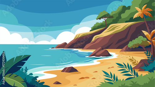 In this secluded cove the only sounds youll hear are the gentle lapping of waves against the shore and the rustling of leaves in the breeze.