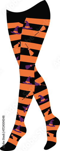Close-up illustration of a pair of women's tights with an orange and black striped pattern featuring Halloween-themed designs.