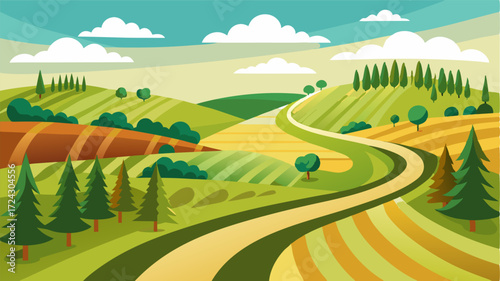 A winding dirt road leading through a patchwork of fields and forests.