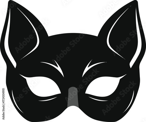 A close-up view of a stylish black cat mask with pointed ears, 