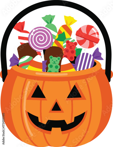 A vibrant illustration of a carved pumpkin brimming with an assortment of colorful candies. Perfect for Halloween-themed projects, cards, or websites.