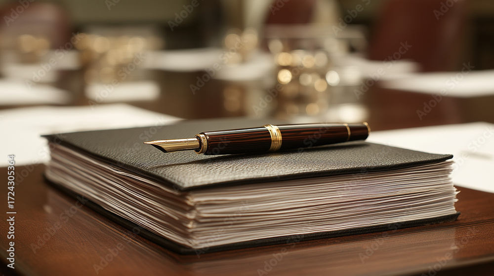 Fototapeta premium Conference table with neatly stacked reports, fountain pen, and luxury leather portfolio