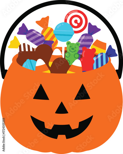 A pixel art illustration depicts a carved pumpkin, acting as a bucket, overflowing with various candies including lollipops, gummy candies, chocolate, and wrapped sweets. 