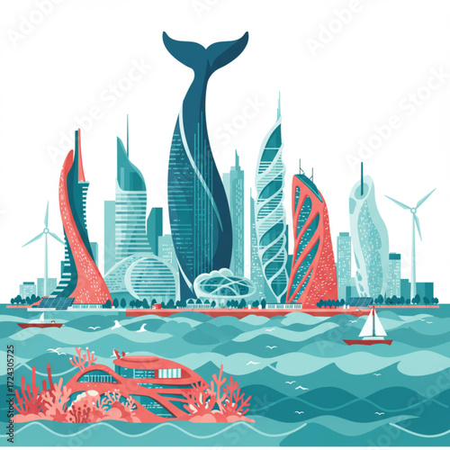 Futuristic Eco City Skyline with Whale-Shaped Skyscraper, Modern Architecture, and Ocean Coral Reef Vector Illustration