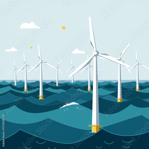 Offshore Wind Turbines in Ocean Waves Renewable Energy Vector Illustration