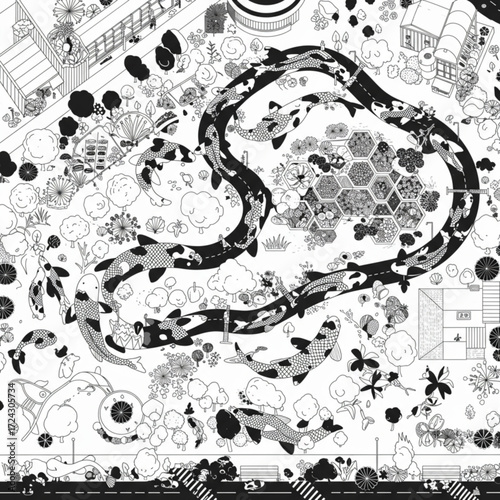 Intricate Isometric Vector Illustration with Giant Koi Fish, Urban Landscape, and Botanical Details