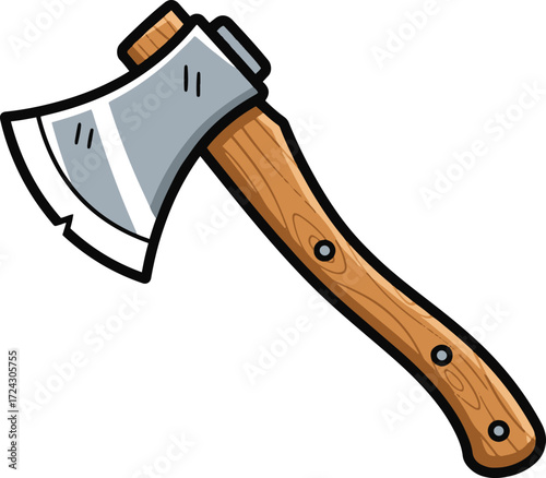 A charming illustration of a hand axe, rendered in a pixel art style. The axe head is metallic grey with subtle shading, and the handle is a warm brown wood with simple details.