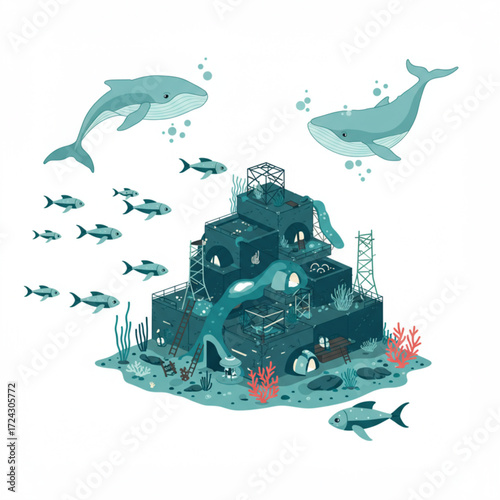 Underwater Artificial Reef with Whales and Fish Vector Illustration