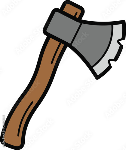 A whimsical cartoon illustration of a wood axe with a brown wooden handle and a gray metal blade,