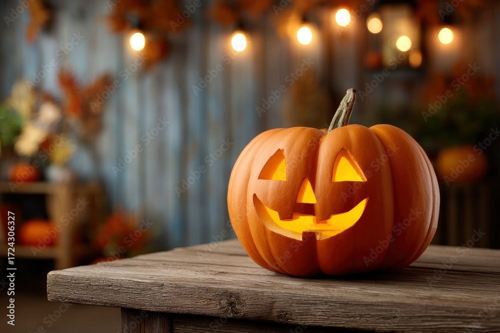 Fototapeta premium Lit Jackolantern on a weathered wooden table background with soft lights