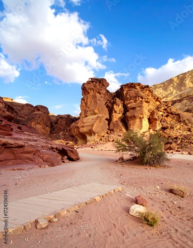 Desert canyon path under a vibrant sky
