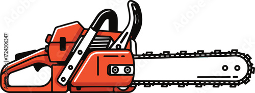 A detailed illustration of a red chainsaw rendered in pixel art style