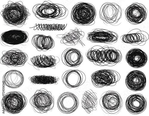 Abstract shapes, various scribbled circles and ovals