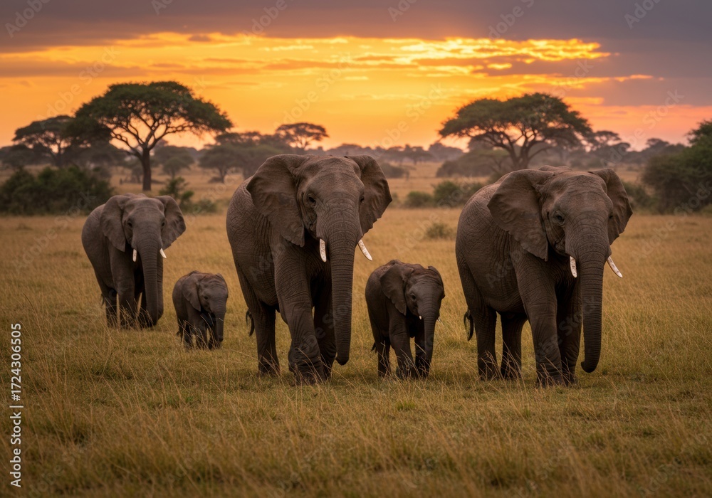 Fototapeta premium African Elephants Walking on Savannah Grass at Sunset – Wildlife Safari Scene