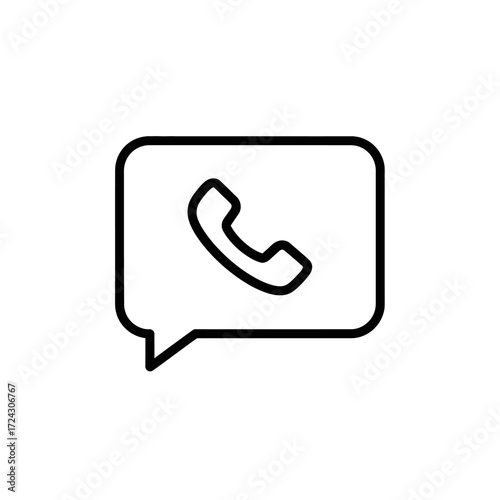 A black line icon of a telephone receiver inside a rectangular speech bubble, symbolizing a phone call or voice message on a white background.