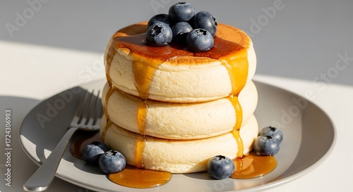Fluffy Japanese soufflé pancakes with maple syrup and blueberries, minimal cozy café food photography