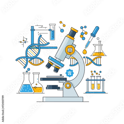 Microscope and Lab Equipment: DNA, Test Tubes, and Flasks.