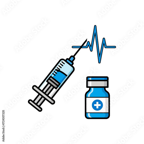 Medical illustration of a syringe, vial, and heartbeat graphic, depicting vaccination or injection.