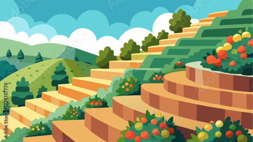 A series of stone terraces cascading down the hillside each one bursting with colorful flowers herbs and fruit trees creating a truly enchanting sight.