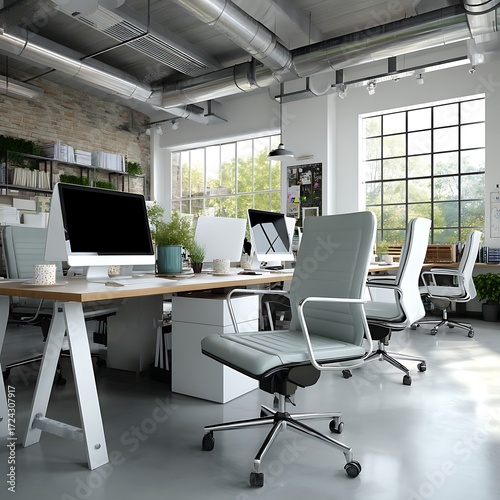 Modern and Bright Office Space with Stylish Furniture and Natural Light Features