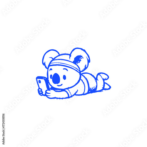 A stylized, blue-outlined koala lying down, looking at a smartphone
