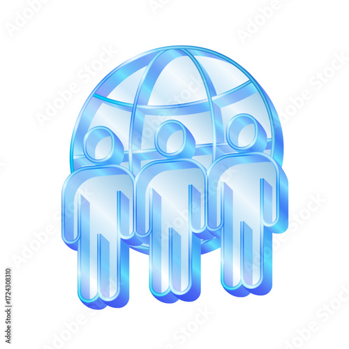 3d icon symbolizing Global Business Team. People and the globe stlye transparent glass or crystal icon element for design vector.