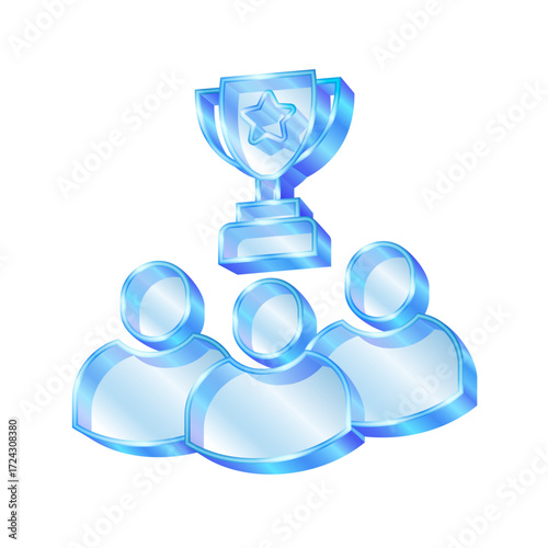 3d icon symbolizing Team Success. A group of winners with a cup stlye transparent glass or crystal icon element for design vector.
