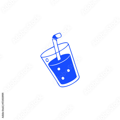 Blue glass with a straw, filled with a drink, stylized graphic