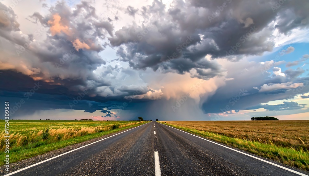 Fototapeta premium Empty road stretches into a dramatic sky of storm clouds