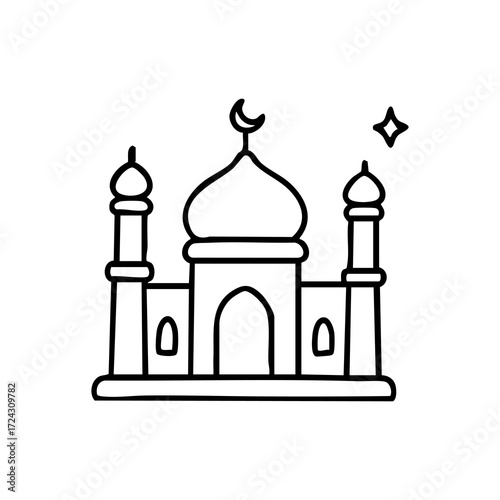 Simple black outline drawing of a mosque